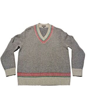 Brooks Brothers V Neck Sweater Mens Size L Geometric Gray 100% Lambswool Knit